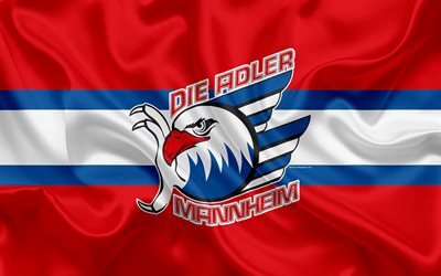 Adler Mannheim, 4k, German hockey club, logo, emblem, hockey, Deutsche Eishockey Liga, Mannheim, Germany, silk flag, German hockey championship