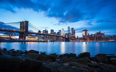 جسر بروكلين, 4k, نيويورك, nightscapes, ناطحات السحاب, مدينة نيويورك, أمريكا, الولايات المتحدة الأمريكية