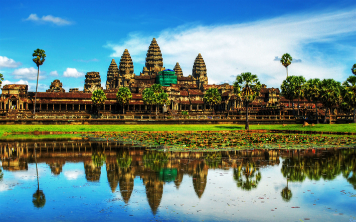 Angkor Wat, Hindu temple complex, 4k, old temple, God Vishnu, Hinduism, Cambodia