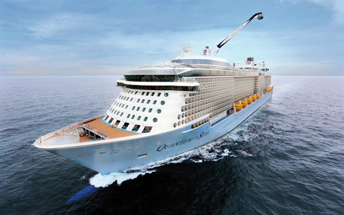 Quantum of the Sea, luxury passenger liner, white big ship, Caribbean Sea, waves