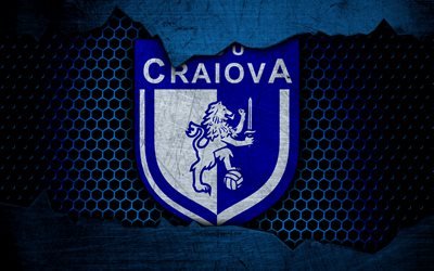 Craiova, 4k, logo, Liga 1, soccer, football club, Liga I, Romania, grunge, metal texture, Craiova FC