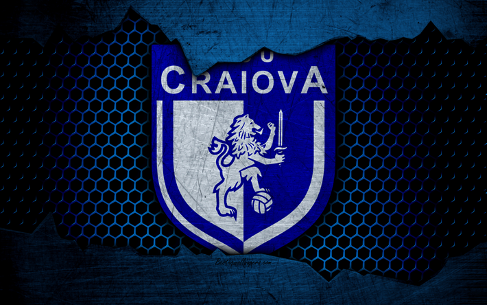 Craiova, 4k, ロゴ, リーガ1, サッカー, サッカークラブ, リーガん, ルーマニア, グランジ, 金属の質感, Craiova FC