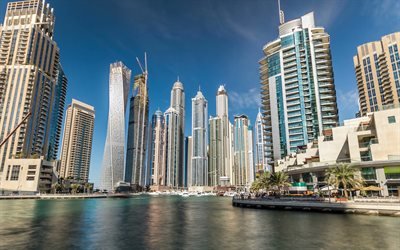 Dubai, 4k, moderneja pilvenpiirt&#228;ji&#228;, UAE, suihkul&#228;hteet, Yhdistyneet Arabiemiirikunnat, moderni korkeita torneja