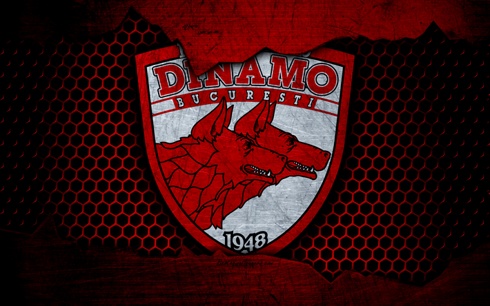 Dinamo B&#252;kreş, 4k, logo, 1 Lig, futbol, futbol kul&#252;b&#252;, Lig, Romanya, grunge, metal doku, Dinamo B&#252;kreş FC