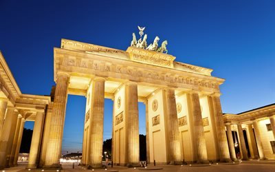 Brandenburgin Portti, Berliini, 4k, arkkitehtoninen muistomerkki, illalla, korosta, Brandenburg, Saksa