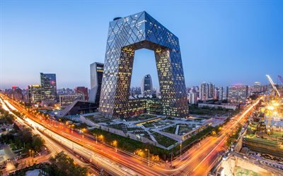 CCTV Building, Beijing, 4k, modern architecture, skyscrapers, unusual buildings, China, evening, city lights