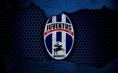 Juventus Bucuresti, 4k, logo, Liga 1, soccer, football club, Liga I, Romania, grunge, metal texture, Juventus Bucuresti FC