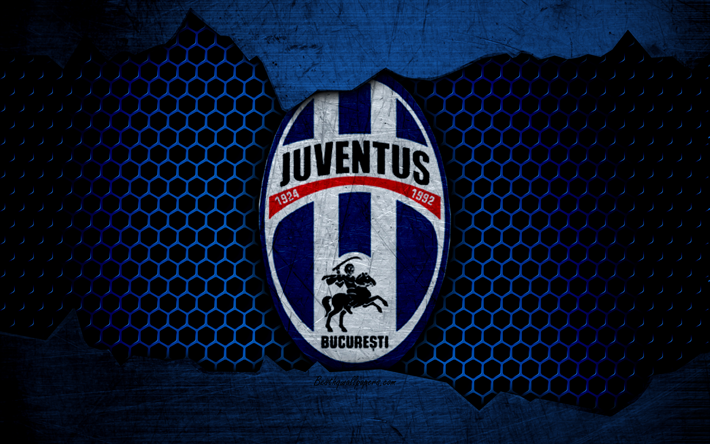 Juventus Bucuresti, 4k, logo, Lega 1, calcio, squadra di calcio, Liga I Romania, grunge, struttura del metallo, la Juventus Bucuresti FC