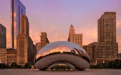 Il Cloud Gate, Chicago, scultura pubblica, il Millennium Park, sera, grattacieli, Illinois, USA