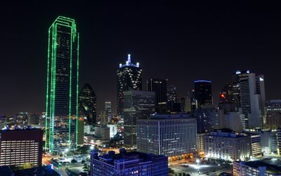 Dallas, g&#246;kdelenler, gece, şehir ışıkları, ABD, şehir