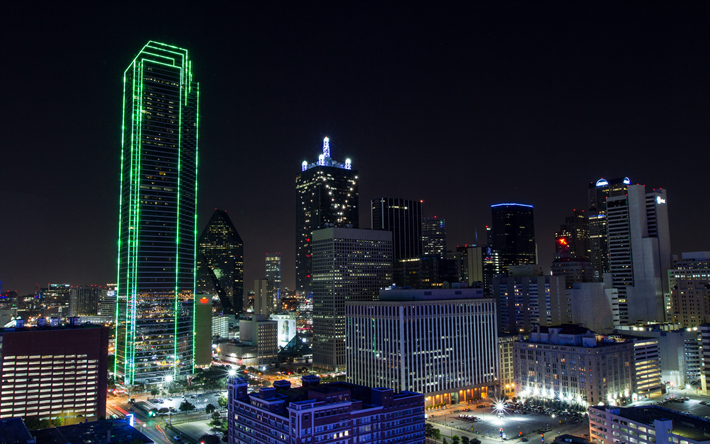 Dallas, skyskrapor, natt, stadens ljus, USA, stadsbilden