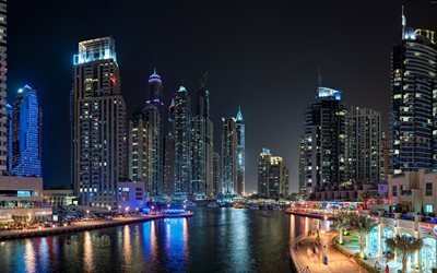 ドバイ, 繁華街, 高層ビル群, 夜, 街の灯, 近代建築, 4k, アラブ首長国連邦