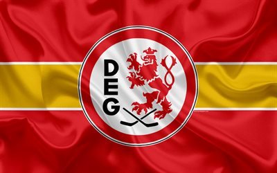 Dusseldorf EG, 4k, German hockey club, logo, emblem, hockey, Deutsche Eishockey Liga, Dusseldorf, Germany, silk flag, German hockey championship