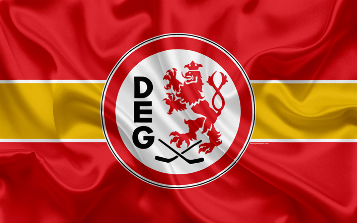 D&#252;sseldorf EY, 4k, Saksan hockey club, logo, tunnus, j&#228;&#228;kiekko, Saksan Ice Hockey League, D&#252;sseldorf, Saksa, silkki lippu, Saksan mestaruussarja