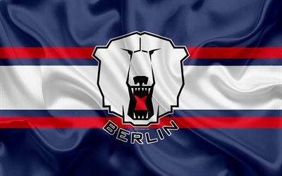 Eisbaren Berlin, 4k, German hockey club, logo, emblem, hockey, Deutsche Eishockey Liga, Berlin, Germany, silk flag, German hockey championship
