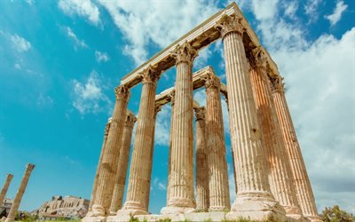 Il tempio di Zeus, 4k, Atene, rovine, colonne greche, attrazioni, Grecia