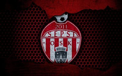 Sepsi OSK, 4k, logo, Liga 1, soccer, football club, Liga I, Romania, grunge, metal texture, Sepsi OSK FC