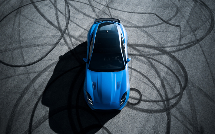 Jaguar F-Type, 2017, top view, sports coupe, drift, racing track, British sports cars, Blue F-Type, Jaguar