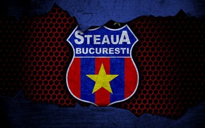 Steaua Bucuresti, 4k, logo, Liga 1, soccer, football club, Liga I, Romania, grunge, FCSB, metal texture, Steaua Bucuresti FC