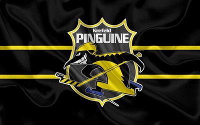 Krefeld Pinguine, 4k, German hockey club, logo, emblem, hockey, Deutsche Eishockey Liga, Krefeld, Germany, silk flag, German hockey championship