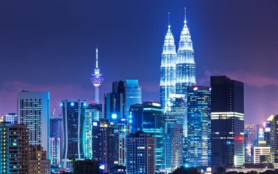 クアラルンプール, KLタワー, 4k, 高層ビル群, 夜, ペトロナスタワー, 近代建築, アジア, 資本金, マレーシア