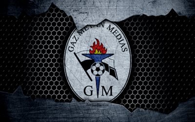 Gaz Metan Medias, 4k, logo, Liga 1, soccer, football club, Liga I, Romania, grunge, metal texture, Gaz Metan Medias FC