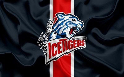 Nurnberg Ice Tigers, 4k, German hockey club, logo, emblem, hockey, Deutsche Eishockey Liga, Nuremberg, Germany, silk flag, German hockey championship
