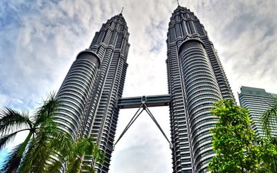 Kuala Kuleleri, Kuala Lumpur, Malezya, Modern mimari, g&#246;kdelenler, y&#252;ksek kuleler, ikiz kuleler, 4k