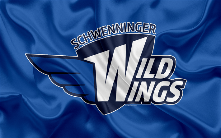 schwenninger wild wings, 4k, german hockey club, logo, emblem, hockey, deutsche eishockey liga, villingen-schwenningen, germany, silk flag, german hockey championship