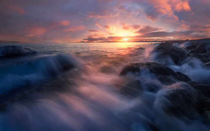 sunrise, aallot, meri, rannikolla, merimaisema, kivet, vett&#228;