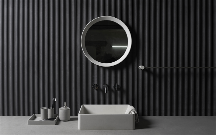 casa de banho, 4k, design preto, apartamento moderno, interior ideia, design moderno
