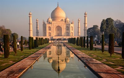Taj Mahal, 4k, Agra, mausol&#233;e, mosqu&#233;e, rivi&#232;re Jamna, fontaine, Inde