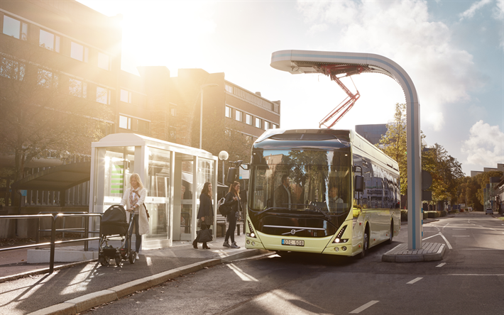electric bus, Volvo 7900 Electric, modern buses, bus stop, recharging, passenger transportation, Volvo