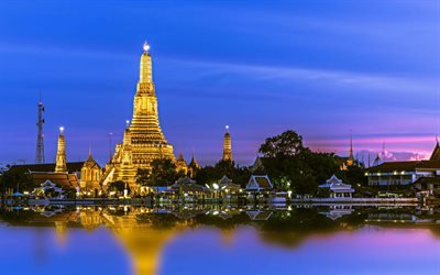 Şafak, Budist Tapınağı Tapınağı, 4k, pagoda, nehir Chauphraya, G&#252;n batımı, Wat Arun, Bangkok, G&#252;nbatımı, Tayland
