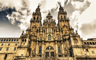 Saint Jacobs Cathedral, 4k, old town, spanish landmarks, barroco, Santiago de Compostela, Galicia, Spain
