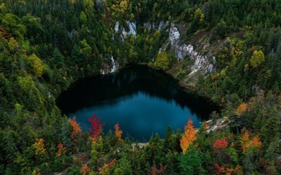 lago de montanha, floresta, lugares &#250;nicos, outono, Nova Scotia, Canada, A Ilha De Cape Breton