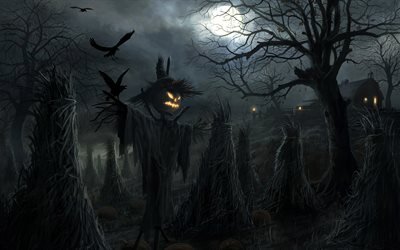 Halloween, miedo personajes, espantap&#225;jaros, oscuridad, noche, Feliz Halloween
