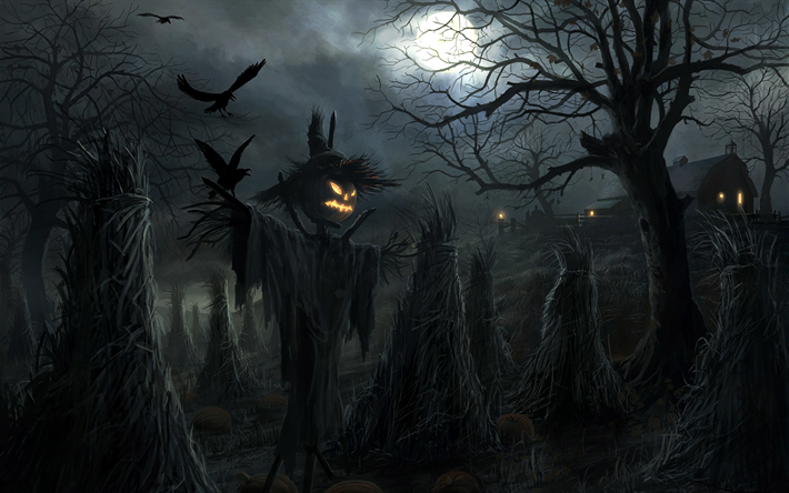 Halloween, inquietanti personaggi, lo spaventapasseri, l&#39;oscurit&#224;, la notte, Felice Halloween