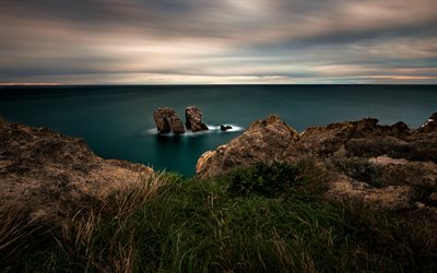 Bay of Biscay, Atlantic Ocean, coast, evening, sunset, arch rock, Cantabria, Spain