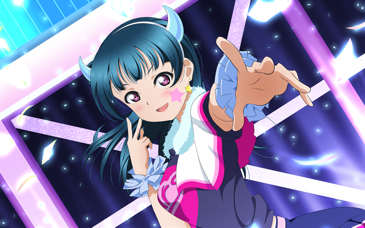 Tsushima Yoshiko, purple eyes, artwork, Love Live Sunshine, manga, Love Live