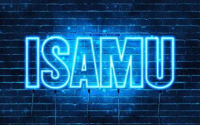 Buon Compleanno Isamu, 4k, luci al neon blu, nome Isamu, creativo, Isamu Buon Compleanno, Compleanno Isamu, nomi maschili giapponesi popolari, foto con nome Isamu, Isamu