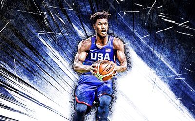 4k, Jimmy Butler, grunge art, USA Basketball Mens National Team, Jimmy Butler III, basketball, blue abstract rays, US mens national basketball team, Jimmy Butler 4K