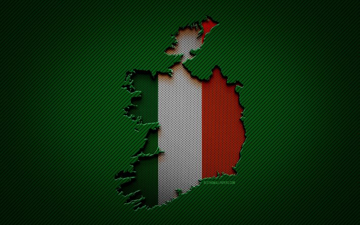irland-karte, 4k, europ&#228;ische l&#228;nder, irische flagge, gr&#252;ner kohlenstoffhintergrund, irland-kartensilhouette, irland-flagge, europa, irische karte, irland, flagge von irland