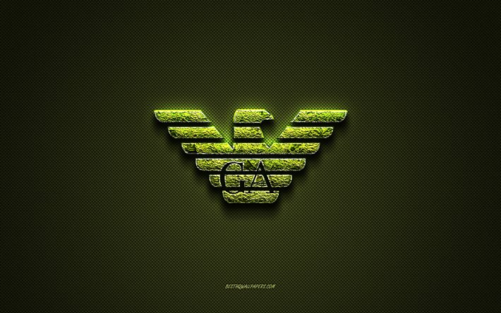 Armani logo, green creative logo, floral art logo, Armani emblem, green carbon fiber texture, Armani, creative art
