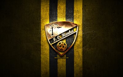 Honka FC, golden logo, Veikkausliiga, yellow metal background, football, finnish football club, FC Honka logo, soccer, FC Honka