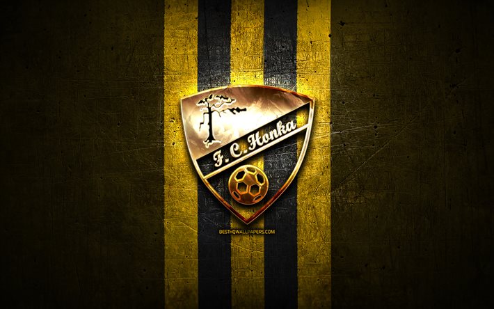 honka fc, goldenes logo, veikkausliiga, gelber metallhintergrund, fu&#223;ball, finnischer fu&#223;ballverein, fc honka-logo, fc honka