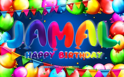 Buon compleanno Jamal, 4k, cornice di palloncini colorati, nome Jamal, sfondo blu, buon compleanno Jamal, compleanno Jamal, nomi maschili americani popolari, concetto di compleanno, Jamal