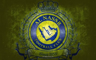 Al Nassr FC, &#233;quipe de football d&#39;Arabie saoudite, fond jaune, logo Al Nassr FC, art grunge, Saudi Pro League, Riyad, football, Arabie saoudite, embl&#232;me Al Nassr FC