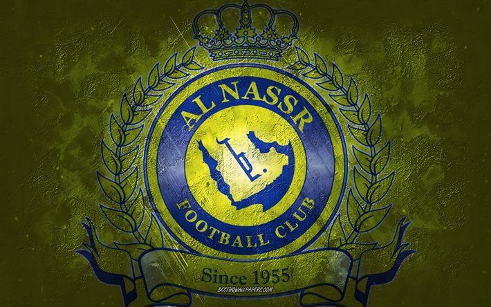Al Nassr FC, squadra di calcio dell&#39;Arabia Saudita, sfondo giallo, Al Nassr FC logo, grunge, Saudi Pro League, Riyadh, calcio, Arabia Saudita, Al Nassr FC emblema