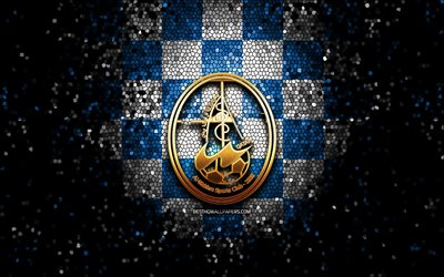 Al-Wakra SC, logo paillet&#233;, QSL, fond &#224; carreaux bleu blanc, football, club de football qatari, logo Al-Wakra, art en mosa&#239;que, Al-Wakra FC